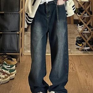 Washed Big Pocket Boyfriend Jeans for Y2K Aesthetic and Grunge Style Outfits