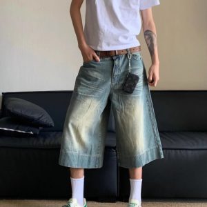 Washed Blue Y2K Wide-Leg Jorts for Trendy Grunge and Coquette Aesthetic Outfits