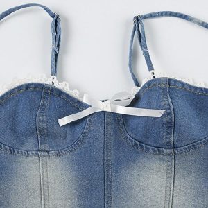 Washed Bow Lace Waist-Cinching Denim Vest for Y2K Fashion and Coquette Aesthetic Outfits