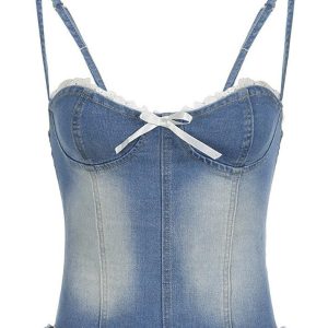 Washed Bow Lace Waist-Cinching Denim Vest for Y2K Fashion and Coquette Aesthetic Outfits