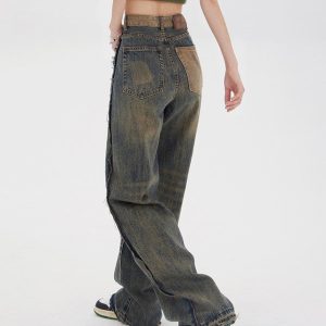 Washed Brown Cargo Jeans with Contrast Pockets for Y2K Aesthetic Outfits