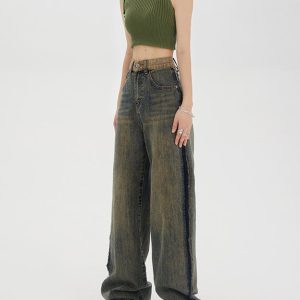 Washed Brown Cargo Jeans with Contrast Pockets for Y2K Aesthetic Outfits