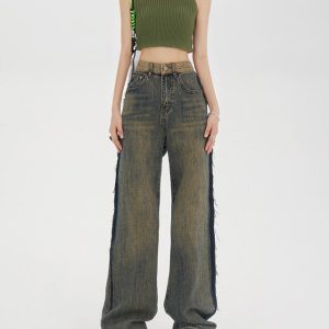 Washed Brown Cargo Jeans with Contrast Pockets for Y2K Aesthetic Outfits