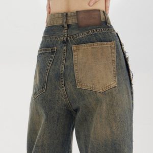 Washed Brown Cargo Jeans with Contrast Pockets for Y2K Aesthetic Outfits