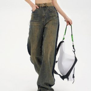 Washed Brown Cargo Jeans with Contrast Pockets for Y2K Aesthetic Outfits