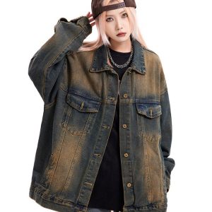 Washed Brown Oversized Denim Jacket for Y2K Aesthetic and Grunge Style Outfits