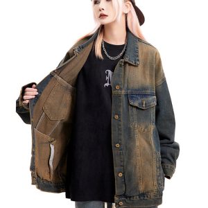 Washed Brown Oversized Denim Jacket for Y2K Aesthetic and Grunge Style Outfits