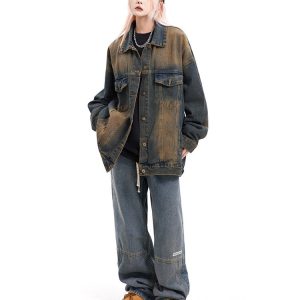 Washed Brown Oversized Denim Jacket for Y2K Aesthetic and Grunge Style Outfits