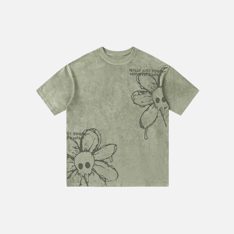 Washed Flower Skull Graphic Tee - Y2K Aesthetic Cute Top for Grunge and Coquette Styles