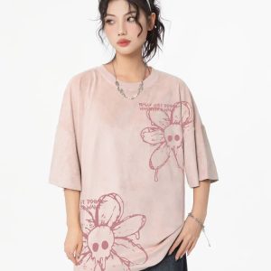 Washed Flower Skull Graphic Tee - Y2K Aesthetic Cute Top for Grunge and Coquette Styles