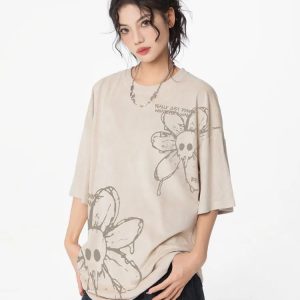 Washed Flower Skull Graphic Tee - Y2K Aesthetic Cute Top for Grunge and Coquette Styles