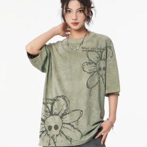 Washed Flower Skull Graphic Tee - Y2K Aesthetic Cute Top for Grunge and Coquette Styles