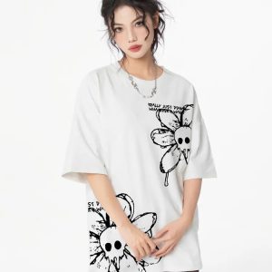 Washed Flower Skull Graphic Tee - Y2K Aesthetic Cute Top for Grunge and Coquette Styles