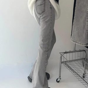 Washed Gray High Rise Flare Jeans - Y2K Aesthetic Denim for Trendy Outfits