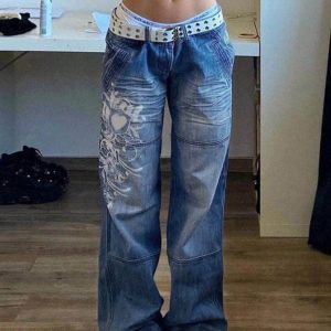 Washed Heart Pattern Y2K Cargo Jeans for a Cute Coquette Aesthetic Look