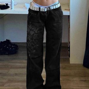 Washed Heart Pattern Y2K Cargo Jeans for a Cute Coquette Aesthetic Look