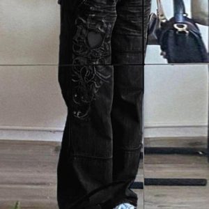 Washed Heart Pattern Y2K Cargo Jeans for a Cute Coquette Aesthetic Look