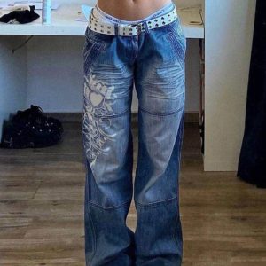 Washed Heart Pattern Y2K Cargo Jeans for a Cute Coquette Aesthetic Look