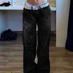 Washed Heart Pattern Y2K Cargo Jeans for a Cute Coquette Aesthetic Look