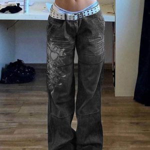 Washed Heart Pattern Y2K Cargo Jeans for a Cute Coquette Aesthetic Look