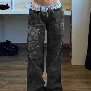 Washed Heart Pattern Y2K Cargo Jeans for a Cute Coquette Aesthetic Look