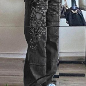 Washed Heart Pattern Y2K Cargo Jeans for a Cute Coquette Aesthetic Look