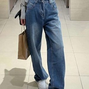 Washed High Waist Boyfriend Jeans for Y2K Aesthetic and Grunge Style Outfits