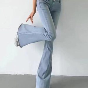 Washed Low Waist Stretchy Flare Jeans for Y2K Aesthetic and Grunge Style Outfits