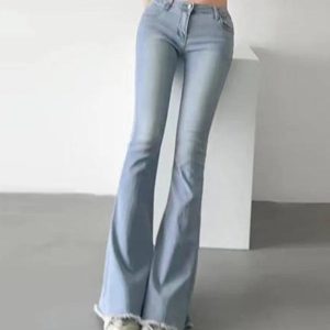 Washed Low Waist Stretchy Flare Jeans for Y2K Aesthetic and Grunge Style Outfits