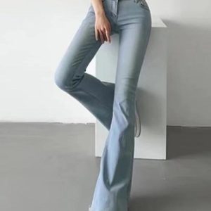 Washed Low Waist Stretchy Flare Jeans for Y2K Aesthetic and Grunge Style Outfits