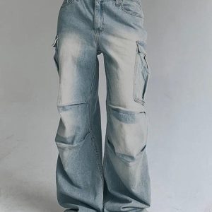 Washed Shirring Flap Pocket Cargo Jeans for Y2K Aesthetic and Grunge Style Outfits