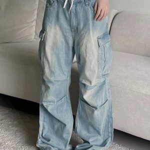 Washed Shirring Flap Pocket Cargo Jeans for Y2K Aesthetic and Grunge Style Outfits