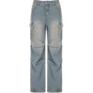 Washed Shirring Flap Pocket Cargo Jeans for Y2K Aesthetic and Grunge Style Outfits