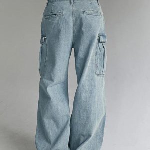 Washed Shirring Flap Pocket Cargo Jeans for Y2K Aesthetic and Grunge Style Outfits