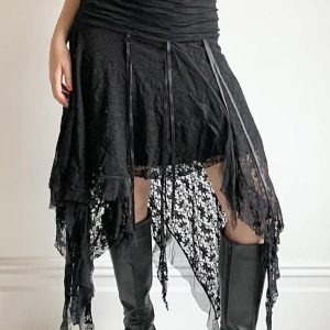 Wavy Edge Lace Splicing Skirt with Irregular Hem - Y2K Fashion Aesthetic Piece