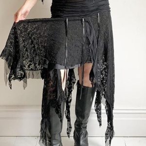 Wavy Edge Lace Splicing Skirt with Irregular Hem - Y2K Fashion Aesthetic Piece