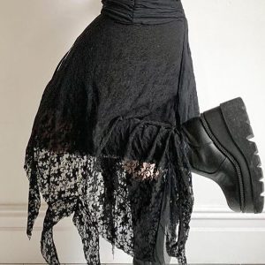 Wavy Edge Lace Splicing Skirt with Irregular Hem - Y2K Fashion Aesthetic Piece