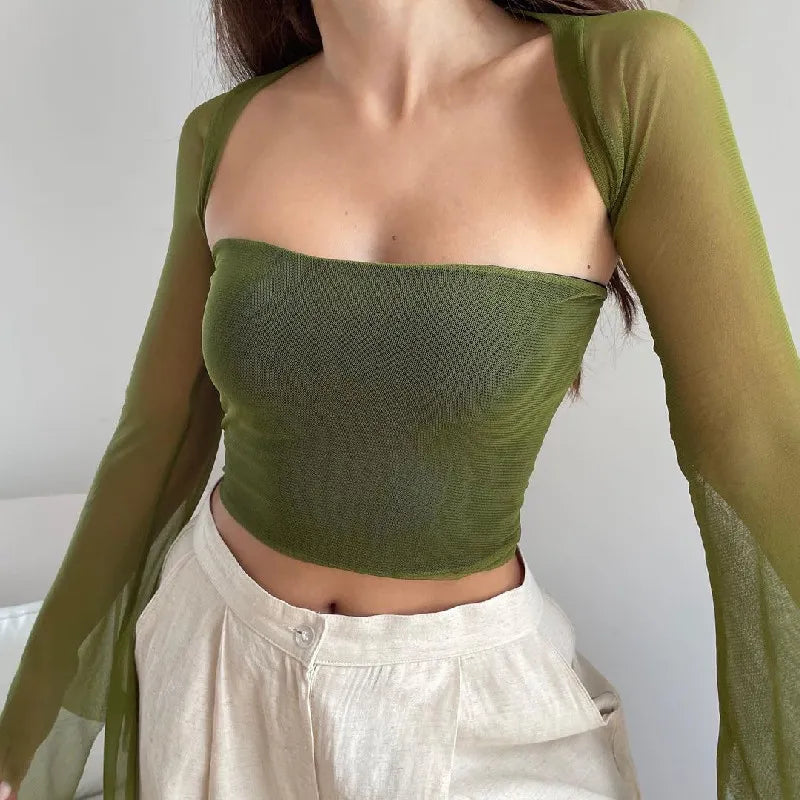 Whimsical Y2K Mesh Crop Top with Flares for Cute Aesthetic Outfits