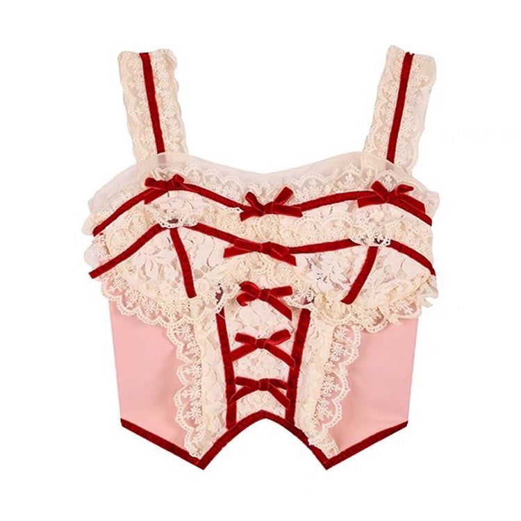 White & Red Y2K Coquette Lace Corset Top for Cute Aesthetic Outfits