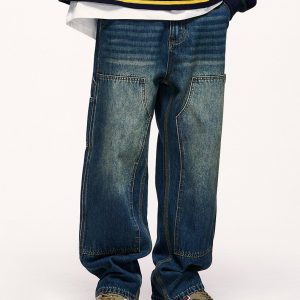 Wide-Leg Baggy Cowboy Jeans for Y2K Aesthetic and Grunge Style Outfits