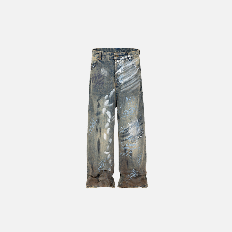 Wide-Leg Baggy Graffiti Jeans for Y2K Aesthetic and Grunge Style Outfits