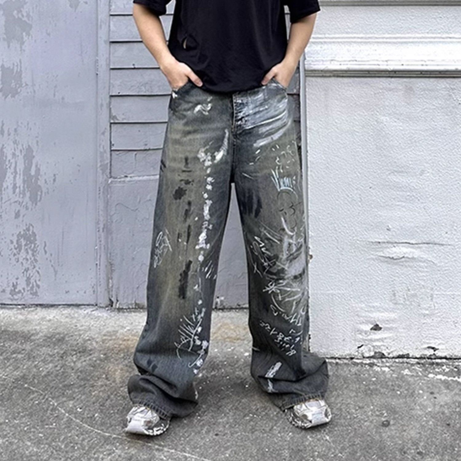 Wide-Leg Baggy Graffiti Jeans for Y2K Aesthetic and Grunge Style Outfits