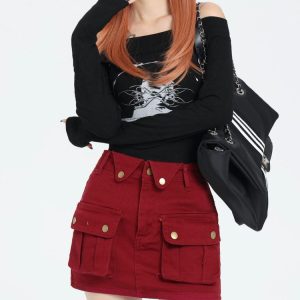 Wine Red Y2K Aesthetic Zip Front Mini Skirt - Trendy Grunge Style for Chic Outfits