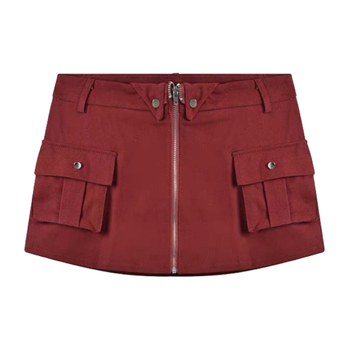 Wine Red Y2K Aesthetic Zip Front Mini Skirt - Trendy Grunge Style for Chic Outfits