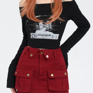 Wine Red Y2K Aesthetic Zip Front Mini Skirt - Trendy Grunge Style for Chic Outfits