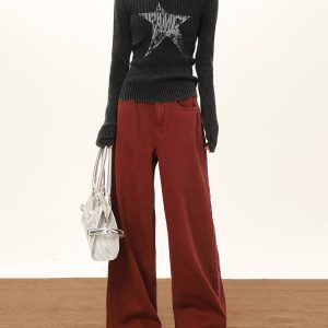 Wine Red Y2K Wide-Leg Jeans for a Chic Grunge Aesthetic Look