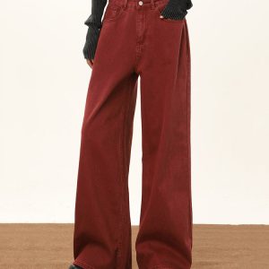 Wine Red Y2K Wide-Leg Jeans for a Chic Grunge Aesthetic Look