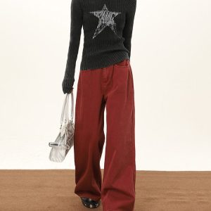 Wine Red Y2K Wide-Leg Jeans for a Chic Grunge Aesthetic Look