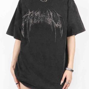 Wing Print Y2K Oversized Short Sleeve Tee - Trendy Grunge Aesthetic Top for Stylish Outfits