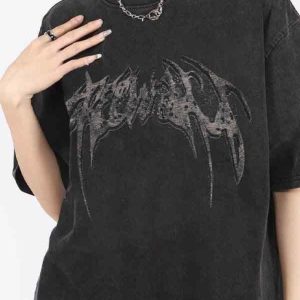 Wing Print Y2K Oversized Short Sleeve Tee - Trendy Grunge Aesthetic Top for Stylish Outfits